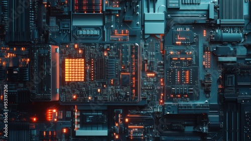 Wallpaper Mural Closeup of a Circuit Board with Glowing Orange Lights Torontodigital.ca