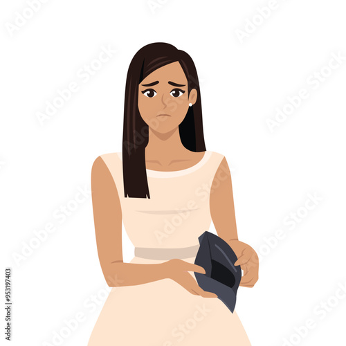 Young woman has no money showing empty wallet. Flat vector character illustration