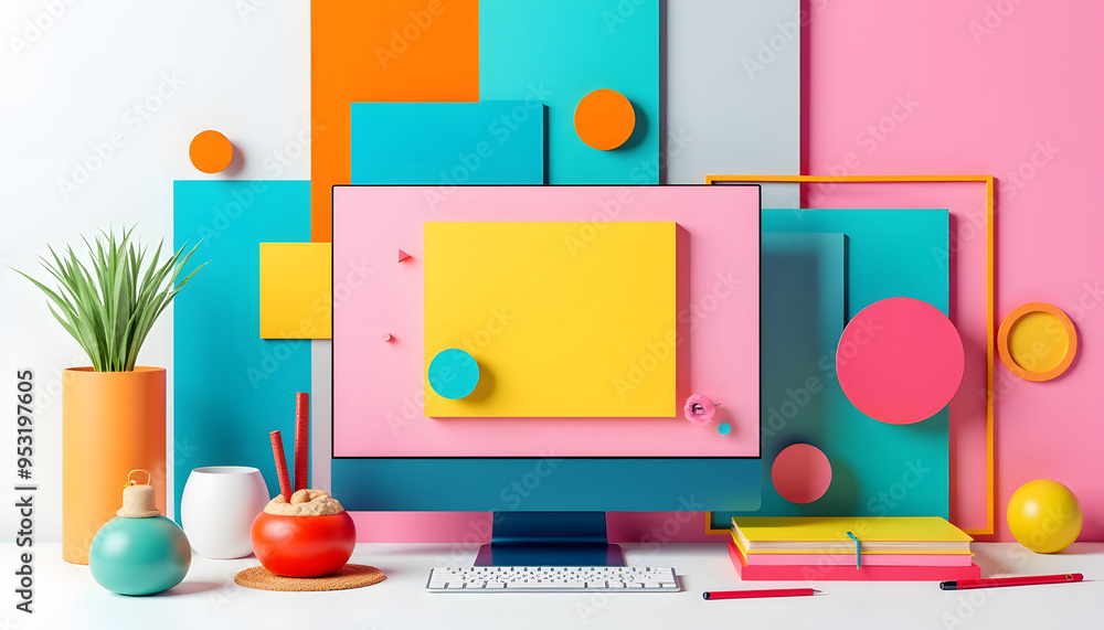 Colorful Geometric Shapes Computer Plant Books and Desk Accessories Colorful Geometric Shapes Computer Plant Books and Desk Accessories