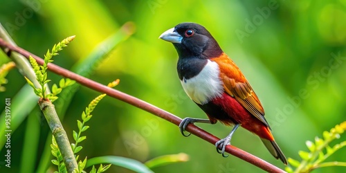 Vibrant tricolored munia perches on a delicate branch amidst lush green foliage, showcasing its striking black, white, and brown plumage in a natural environment. photo