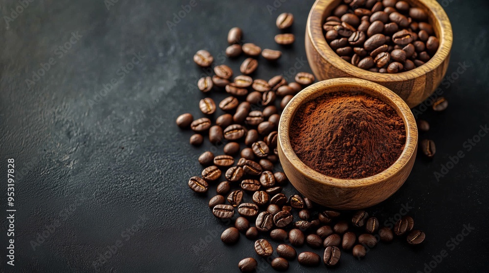 Coffee powder, coffee beans in two separate bowl on a dark background space for text Coffee powder, coffee beans in two separate bowl on a dark background space for text