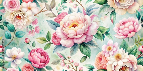 Vibrant watercolor floral pattern featuring blooming peonies and cherry blossoms in soft pastel hues on a subtle textured white background, exuding whimsical elegance.