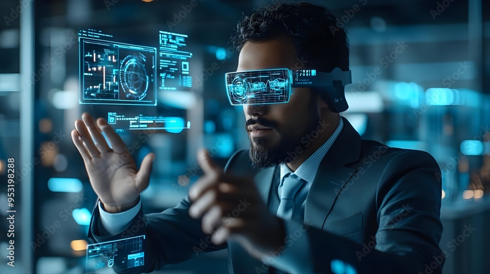 Businessman Using AR Glasses for Data Analysis Businessman Using AR Glasses for Data Analysis
