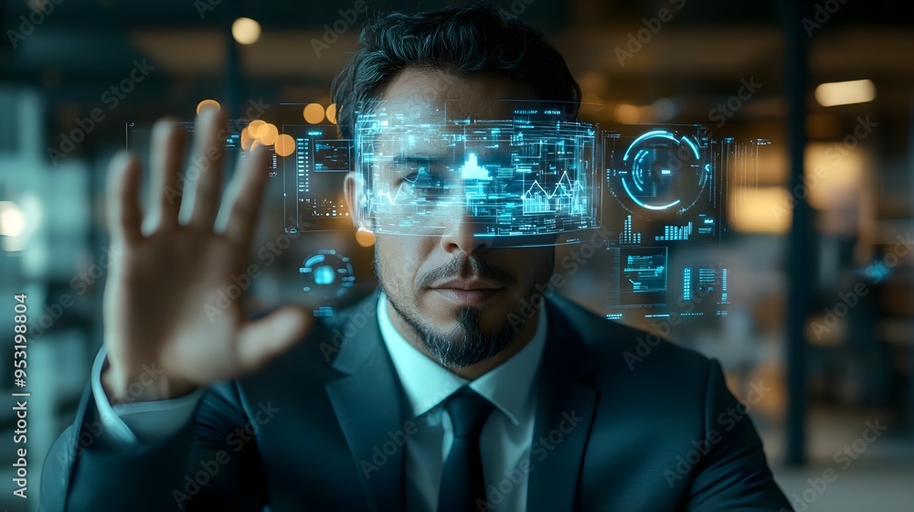 Fototapeta premium Businessman Using Futuristic AR Glasses with Data Visualizations
