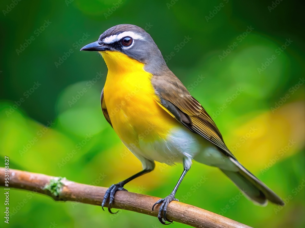 Vibrant yellow-breasted chat perches on a verdant branch, its bright plumage and distinctive black mask standing out against a blurred green forest background. Vibrant yellow-breasted chat perches on a verdant branch, its bright plumage and distinctive black mask standing out against a blurred green forest background.