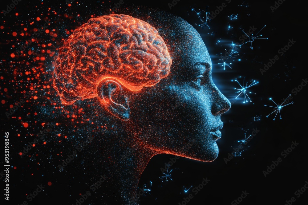 Logical Romance gesture Profile of a woman with a neural network brain symbolizing the intricate connectivity of thoughts evolution of cognition and interaction between mind and technology Logical Romance gesture Profile of a woman with a neural network brain symbolizing the intricate connectivity of thoughts evolution of cognition and interaction between mind and technology