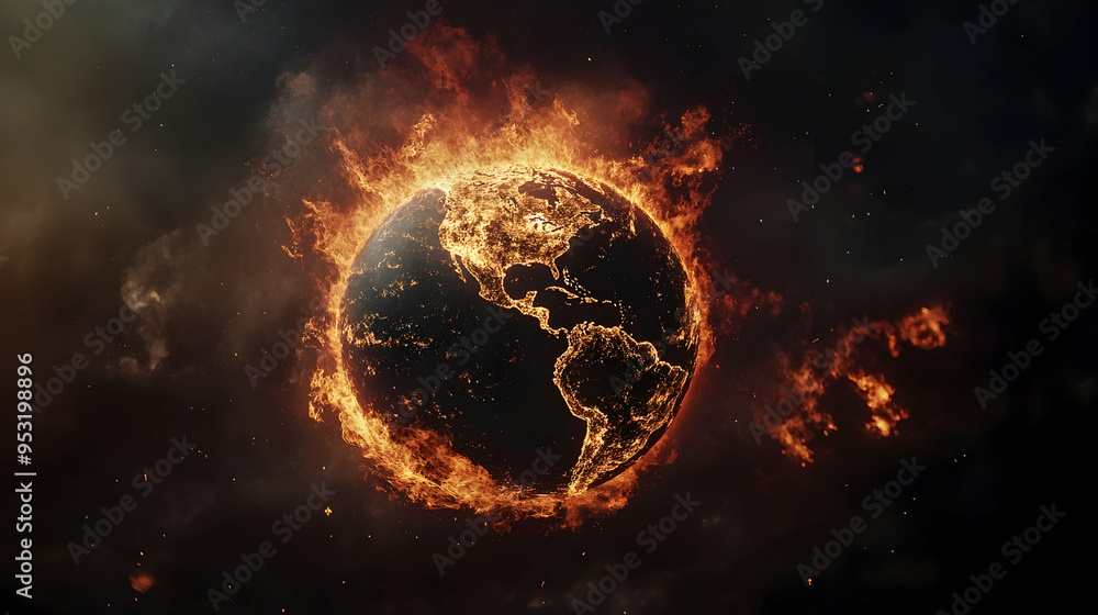 Earth globe on fire with wildfire fire in climate change Earth globe on fire with wildfire fire in climate change