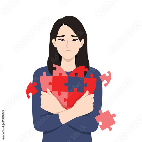 Sad young woman with heart from puzzle. Flat vector character illustration