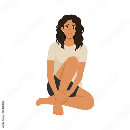 Young sad woman sits on the floor with tangled thoughts. Flat vector character illustration