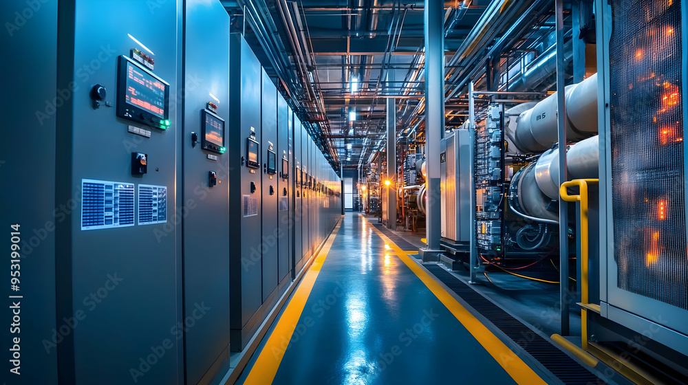 Fototapeta premium Electrical substation room in petrochemical plant, AI