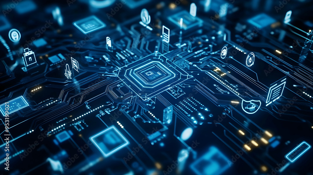 Edge computing technology concept. Blue integrated circuit with icons. Futuristic tech of data processing. Edge computing technology concept. Blue integrated circuit with icons. Futuristic tech of data processing.
