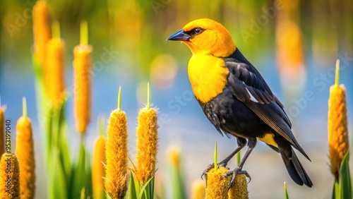 Vibrant yellow-headed blackbird perched on cattail stems in marshy wetlands, showcasing striking plumage and distinctive head markings against a serene natural background. photo