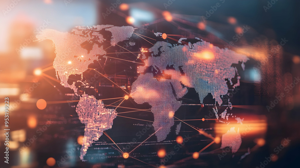 An e-commerce business and international corporate trading concept, highlighting a communication network over a world map to illustrate global connections. An e-commerce business and international corporate trading concept, highlighting a communication network over a world map to illustrate global connections.