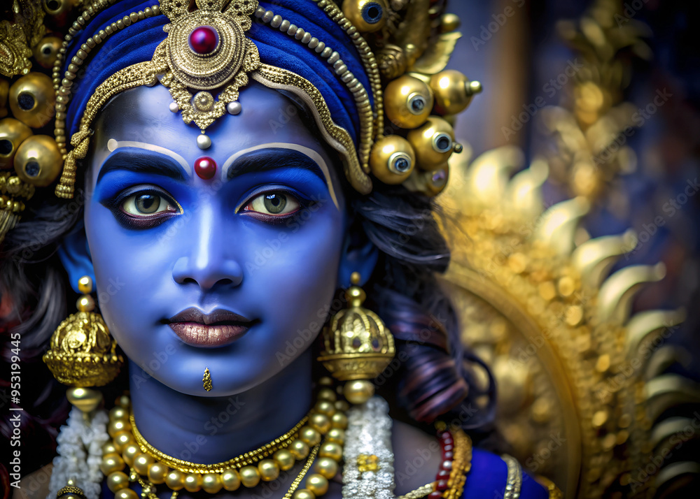 Closeup portrait of Hindu god Lord Krishna with blue skin and beautiful jewelry. Krishna Janmashtami, Govardhan Puja, Vishu Kani. Indian religious festival. Banner, poster, card with copy space Closeup portrait of Hindu god Lord Krishna with blue skin and beautiful jewelry. Krishna Janmashtami, Govardhan Puja, Vishu Kani. Indian religious festival. Banner, poster, card with copy space