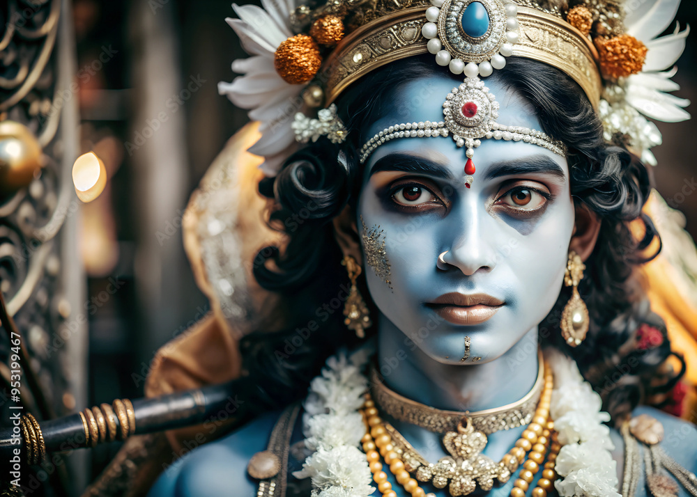 Closeup portrait of Hindu god Lord Krishna with blue skin and beautiful jewelry. Krishna Janmashtami, Govardhan Puja, Vishu Kani. Indian religious festival. Banner, poster, card with copy space Closeup portrait of Hindu god Lord Krishna with blue skin and beautiful jewelry. Krishna Janmashtami, Govardhan Puja, Vishu Kani. Indian religious festival. Banner, poster, card with copy space