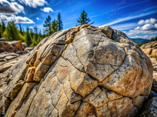 Weathered granite rock with intricate textures, cracks, and natural imperfections, showcasing the beauty of geological formations in high-contrast, detailed close-up photography. photo