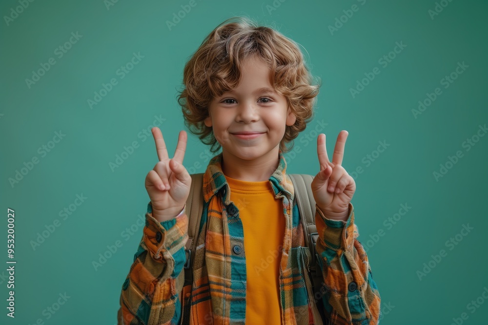 Portrait of smiling schoolboy with school bag and shows the sign approx, dressed in school uniform, isolated on only green background Portrait of smiling schoolboy with school bag and shows the sign approx, dressed in school uniform, isolated on only green background