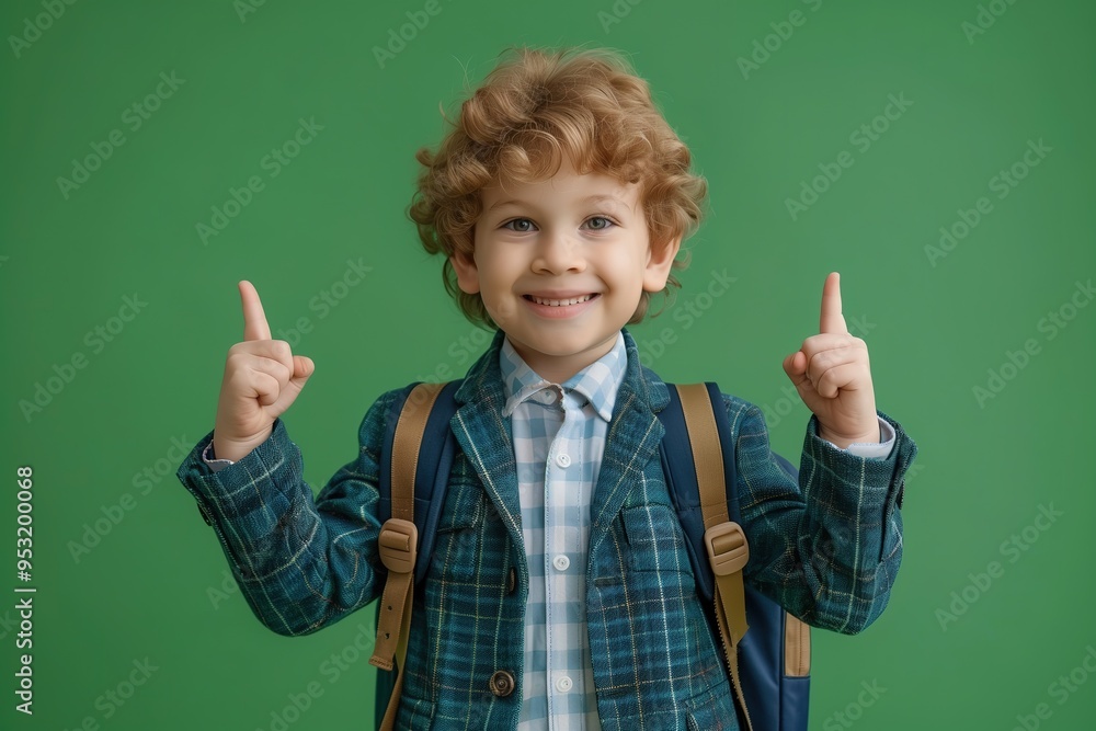 Portrait of smiling schoolboy with school bag and shows the sign approx, dressed in school uniform, isolated on only green background Portrait of smiling schoolboy with school bag and shows the sign approx, dressed in school uniform, isolated on only green background