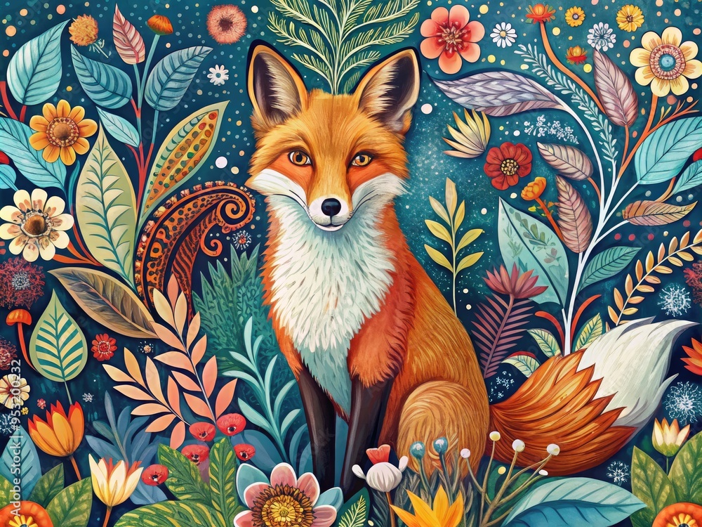 Fototapeta premium Whimsical illustration of a curious fox amidst floral patterns and abstract shapes, blending traditional sketching with modern digital design elements, creating a vibrant and playful atmosphere.