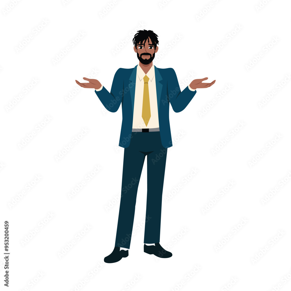 Man standing with shoulders raised and palms up confused. Flat vector character illustration Man standing with shoulders raised and palms up confused. Flat vector character illustration