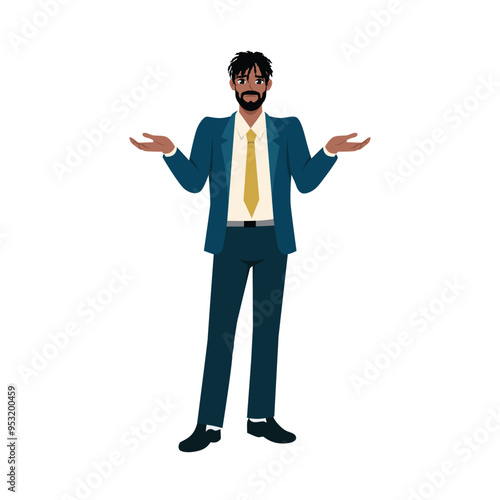Man standing with shoulders raised and palms up confused. Flat vector character illustration