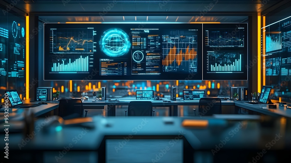 Data Analytics Office with Screens Displaying Graphs and Charts Data Analytics Office with Screens Displaying Graphs and Charts