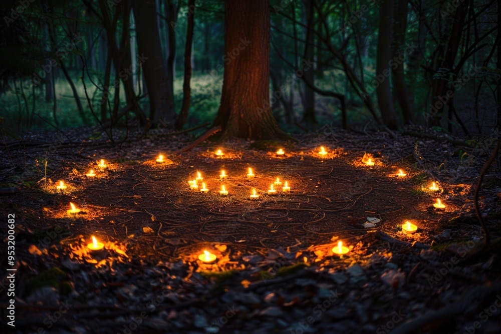 A circle of lit candles surrounded by trees in a forest A circle of lit candles surrounded by trees in a forest