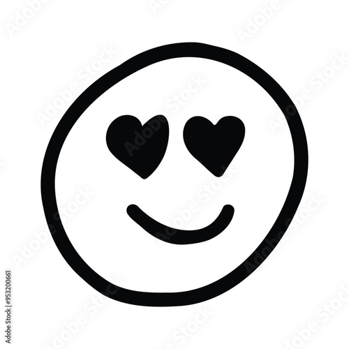 A black and white line art of a smiley face with heart-shaped eyes, symbolizing love and affection.