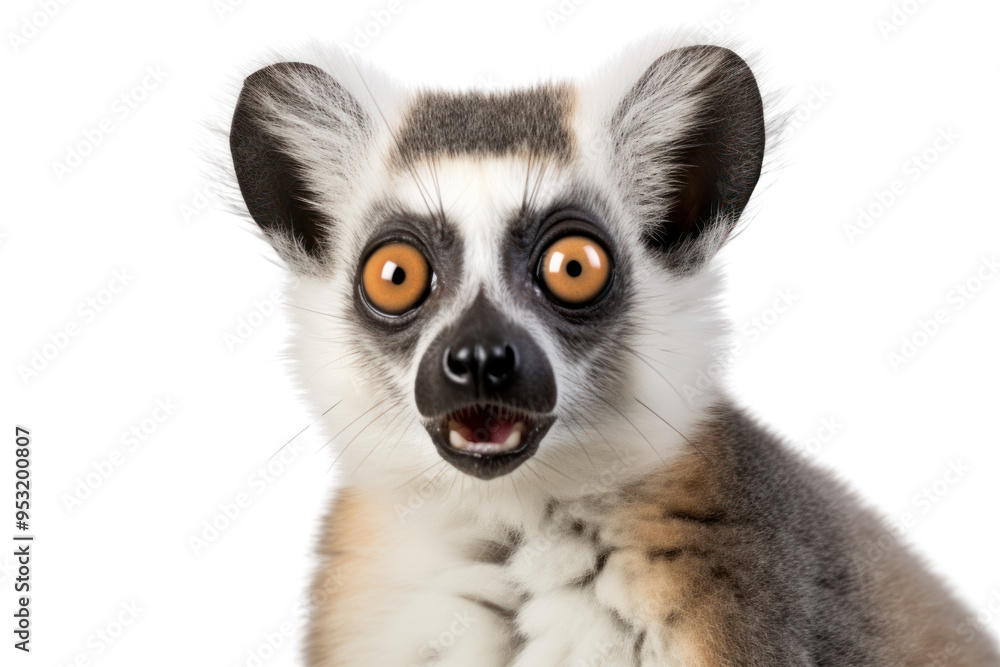 Obraz premium A close-up shot of a lemur cat showing its unique fur pattern and large ears, isolated on white background.