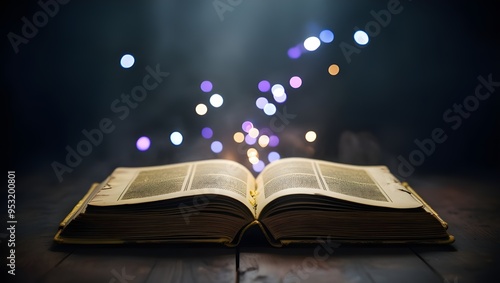 Magic Book with Open Antique Pages, Abstract Bokeh Lights Glowing in Dark Background, Literature and Education Concept