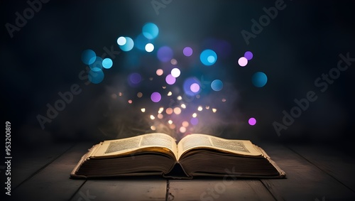 Magic Book with Open Antique Pages, Abstract Bokeh Lights Glowing in Dark Background, Literature and Education Concept