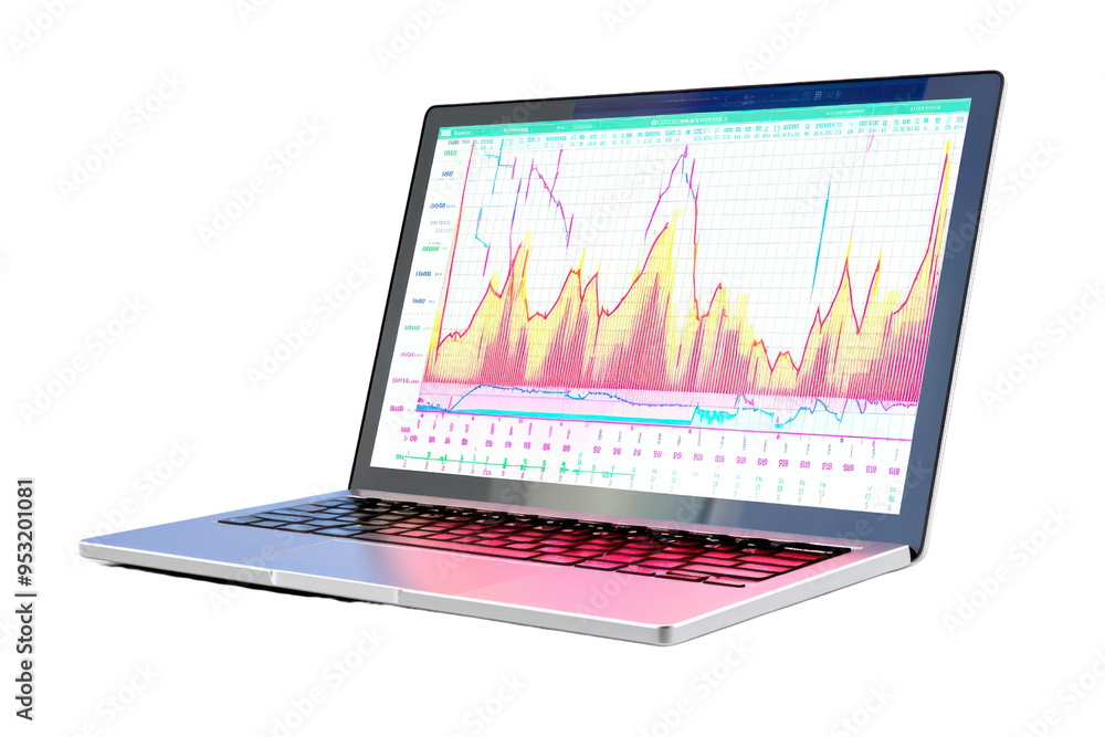 A close-up view of a digital graph on a laptop screen, isolated on white background A close-up view of a digital graph on a laptop screen, isolated on white background