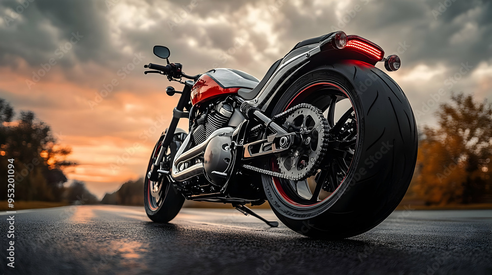 Fototapeta premium A black motorcycle with a red rim on the rear wheel is parked on a wet asphalt road at sunset.
