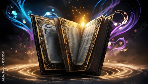 Magic Book with Open Antique Pages, Abstract Bokeh Lights Glowing in Dark Background, Literature and Education Concept