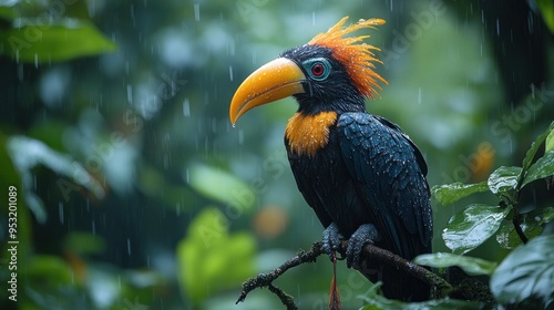 A vibrant toucan perched on a branch in a lush, rainy environment.