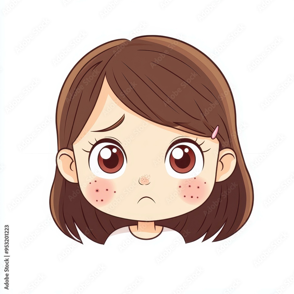 A cartoon girl with pimples on her face, showcasing a relatable and playful character on a clean white backdrop. A cartoon girl with pimples on her face, showcasing a relatable and playful character on a clean white backdrop.
