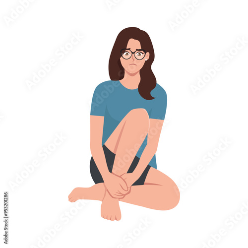 Sad woman sits on the floor with tangled thoughts. Flat vector character illustration