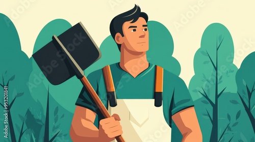 A vintage vector art portrait featuring a man with a shovel, set against a textured tree silhouette background.