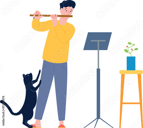 Man play flute at home. Musician instrument practice