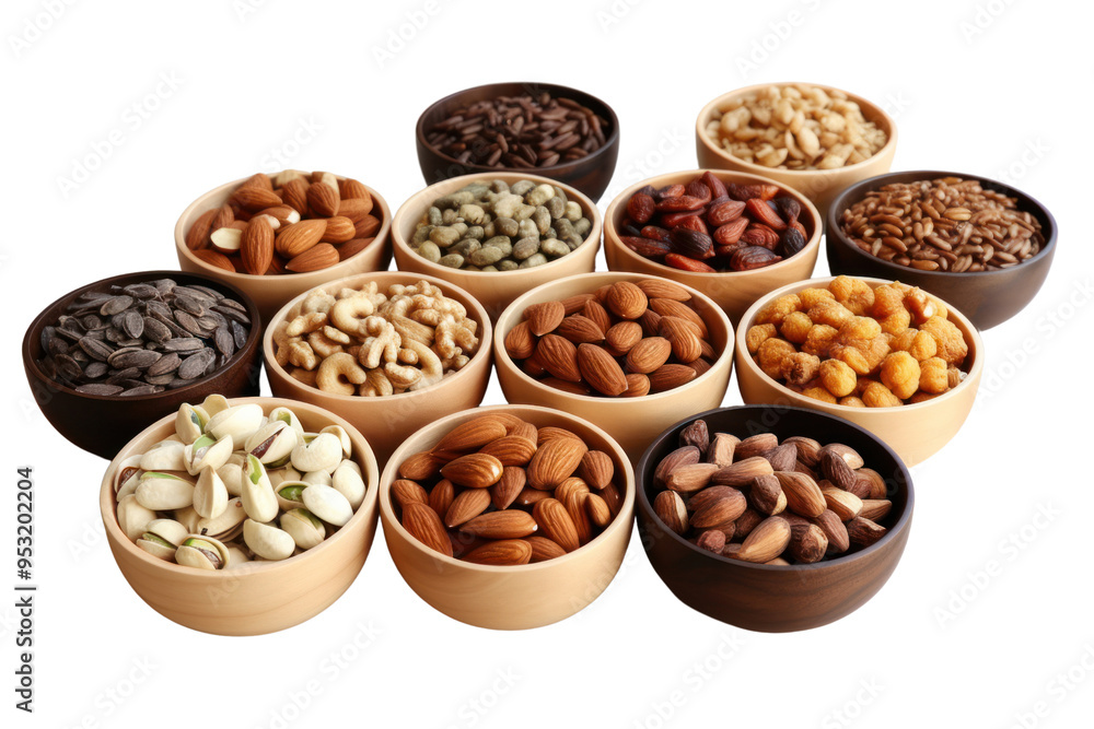 A collection of nuts and seeds including almonds, walnuts, chia seeds, isolated on white background A collection of nuts and seeds including almonds, walnuts, chia seeds, isolated on white background