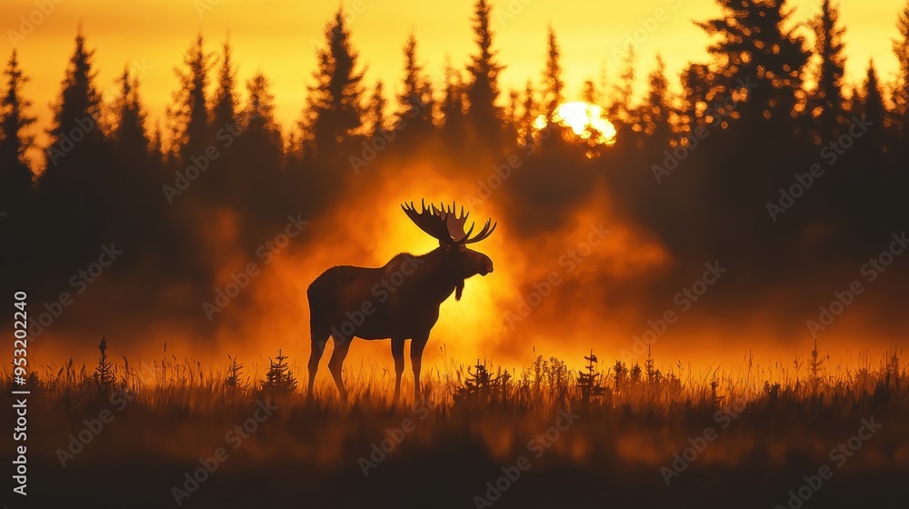 Majestic Moose Silhouette at Sunset in Forest Majestic Moose Silhouette at Sunset in Forest