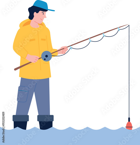 Happy man fishing. Fisherman in protective clothes standing