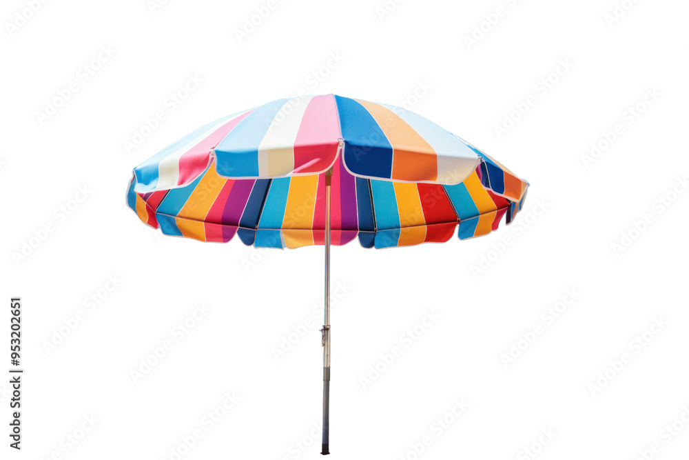 A colorful beach umbrella with vibrant stripes set up on a sandy beach with a clear blue sky in the background A colorful beach umbrella with vibrant stripes set up on a sandy beach with a clear blue sky in the background
