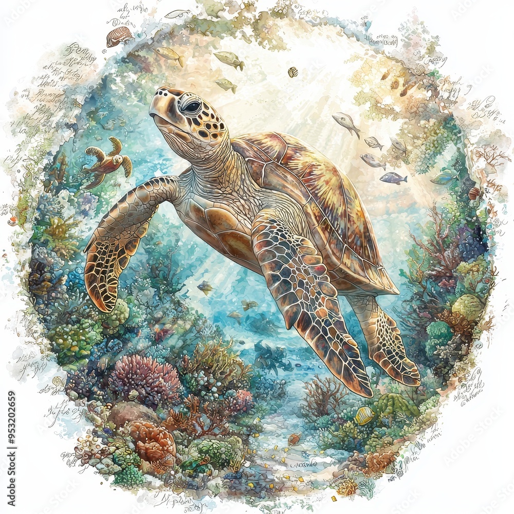 Obraz premium Watercolor Sea Turtle Painting with Coral Reef and Fish