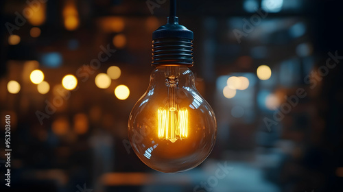 A close-up of a glowing light bulb with a blurred background.