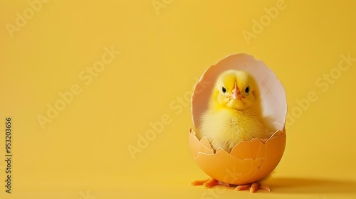 A cute yellow chick emerging from a cracked eggshell against a bright yellow background.