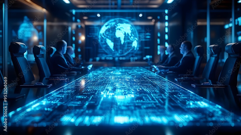Futuristic Boardroom Meeting Global Network Connection Futuristic Boardroom Meeting Global Network Connection