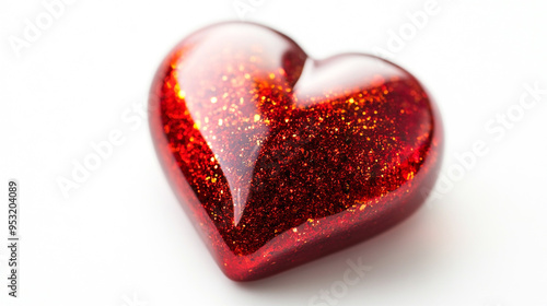 A sparkling red heart-shaped ornament resting on a white background, reflecting light beautifully in a soft setting