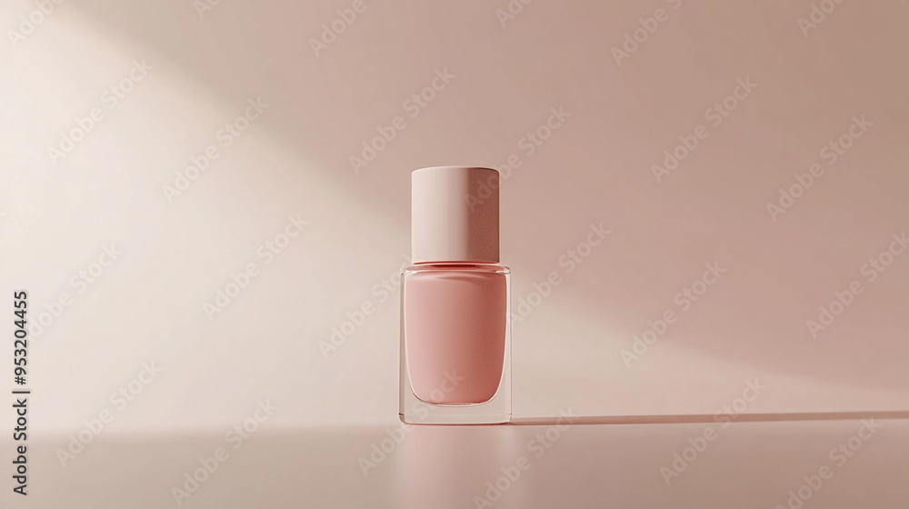 Minimalist design of a soft pink nail polish bottle displayed on a neutral background with subtle lighting effects Minimalist design of a soft pink nail polish bottle displayed on a neutral background with subtle lighting effects