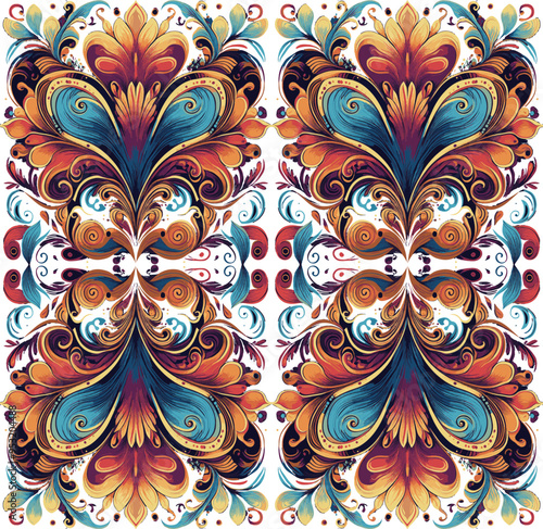 This intricate vector pattern features vibrant, swirling floral designs in rich colors like teal, orange, and gold, creating a mesmerizing, symmetrical composition. photo